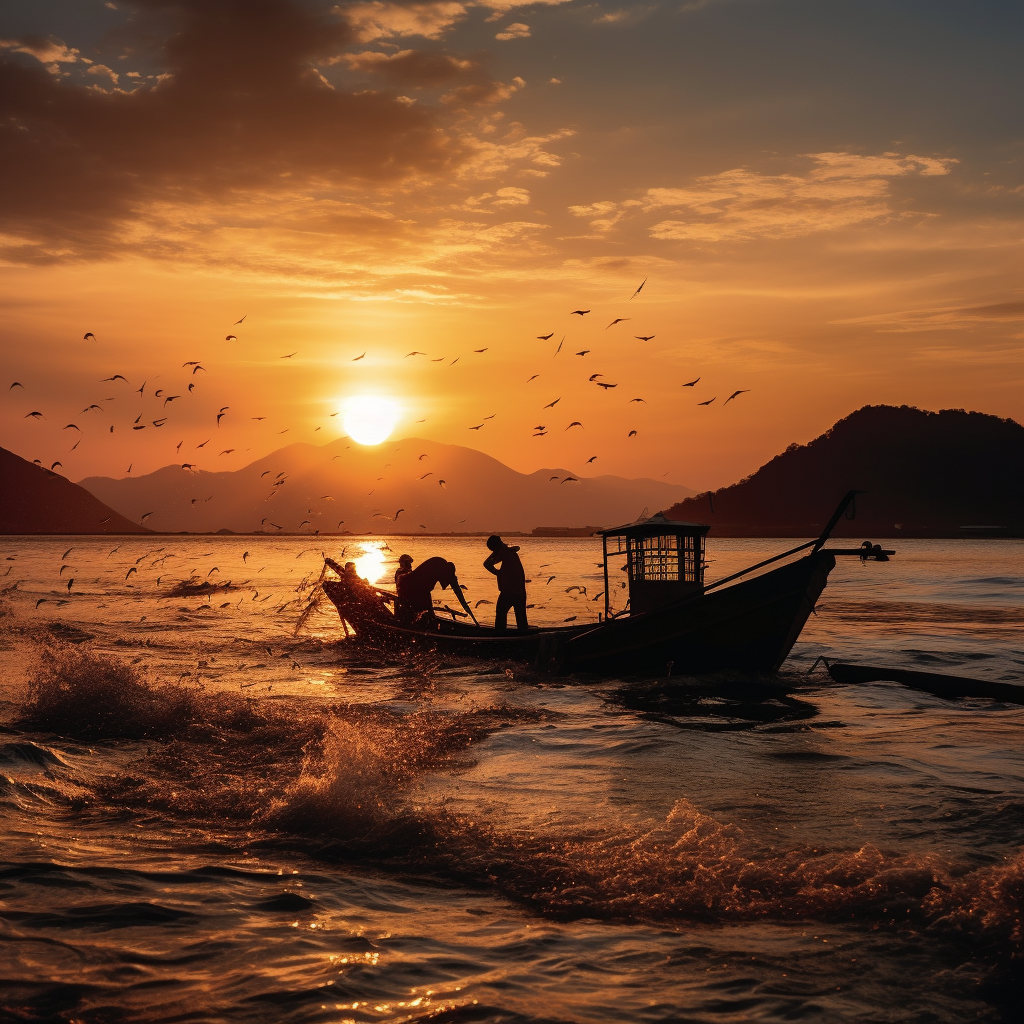 Закат на Дальнем Востоке, с лодкой и рыбаками, вдали отмечающими пойманную рыбу