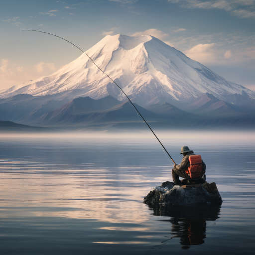 Рыбак с уловом на фоне вулканов Камчатки