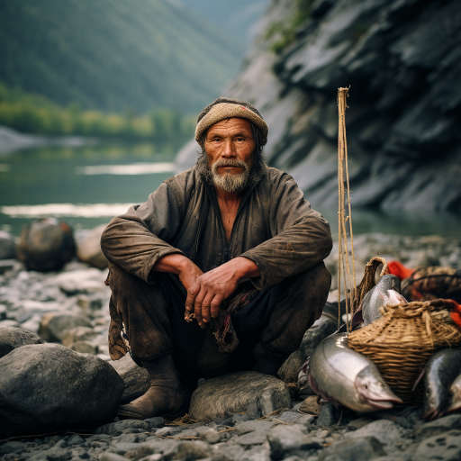 Рыболов на берегу реки Катунь с уловом