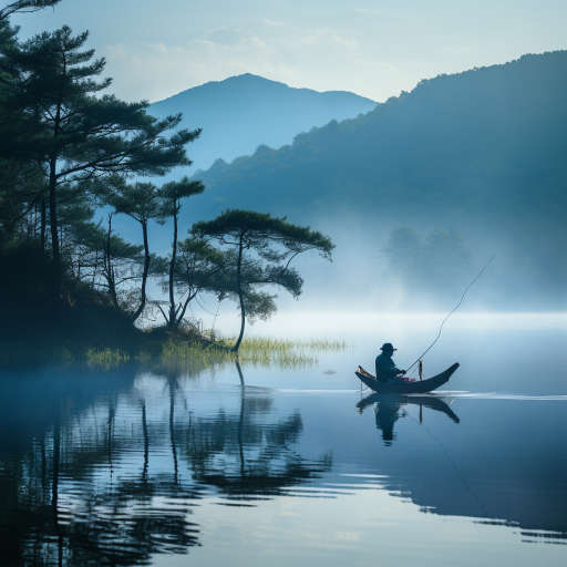 Рыбак на берегу озера Ая с удочкой