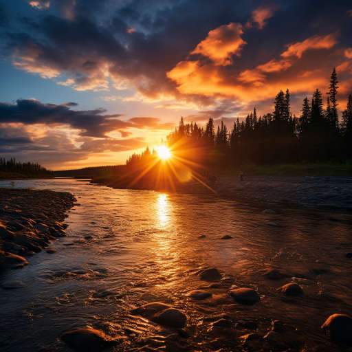 Рыбалка в Сибири Закат на реке в Сибири во время рыбалки