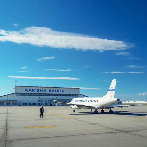 Аэропорт Южно-Сахалинск со взлетающим самолетом на фоне голубого неба