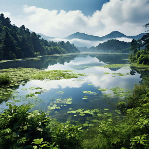 Озеро на Дальнем Востоке с видом на окружающие холмы и леса