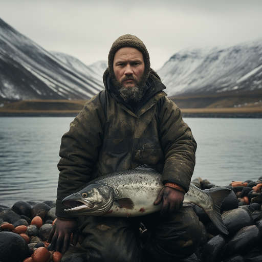 Рыбак на фоне камчатских пейзажей с уловом лосося