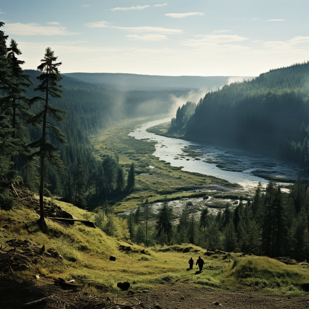 Гористая местность Сибири, покрытая лесами, с рекой и рыбаками