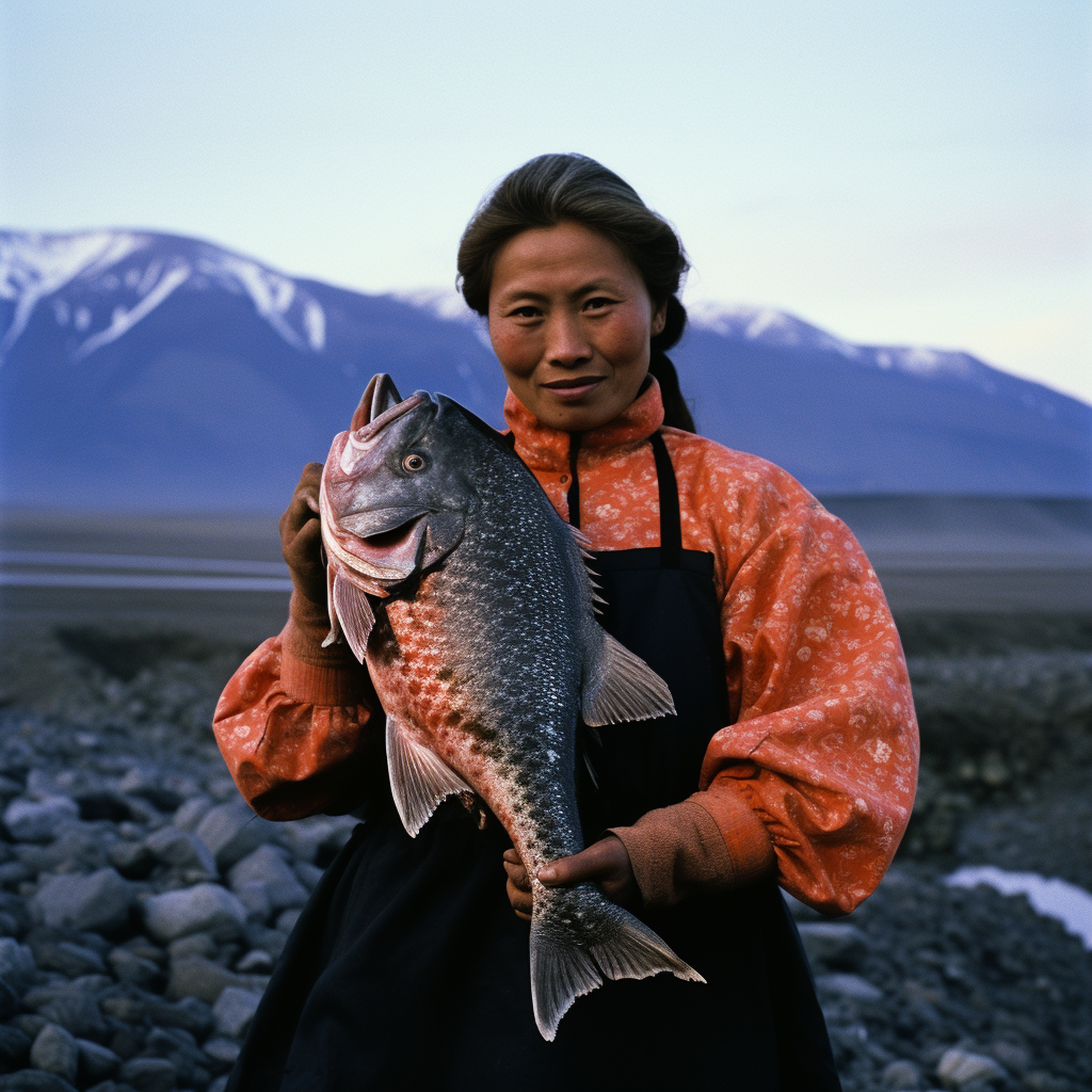 Вулканы Камчатки и корякская женщина, держащая в руках красноперую рыбу