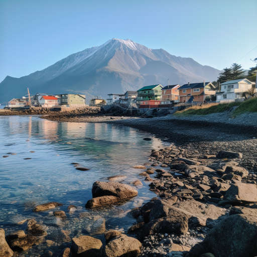 Вид на Итуруп с берега океана, вдалеке возвышаются горы